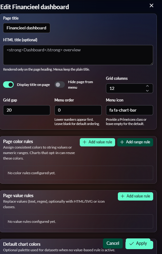 Page editor met filter- en pagina-instellingen